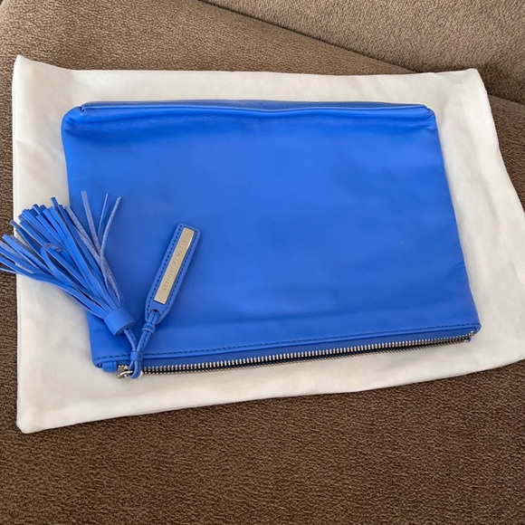 Loeffler Randall Large Blue Leather Zip Top Tassel Pouch Clutch Bag Bright Blue - Picture 7 of 8